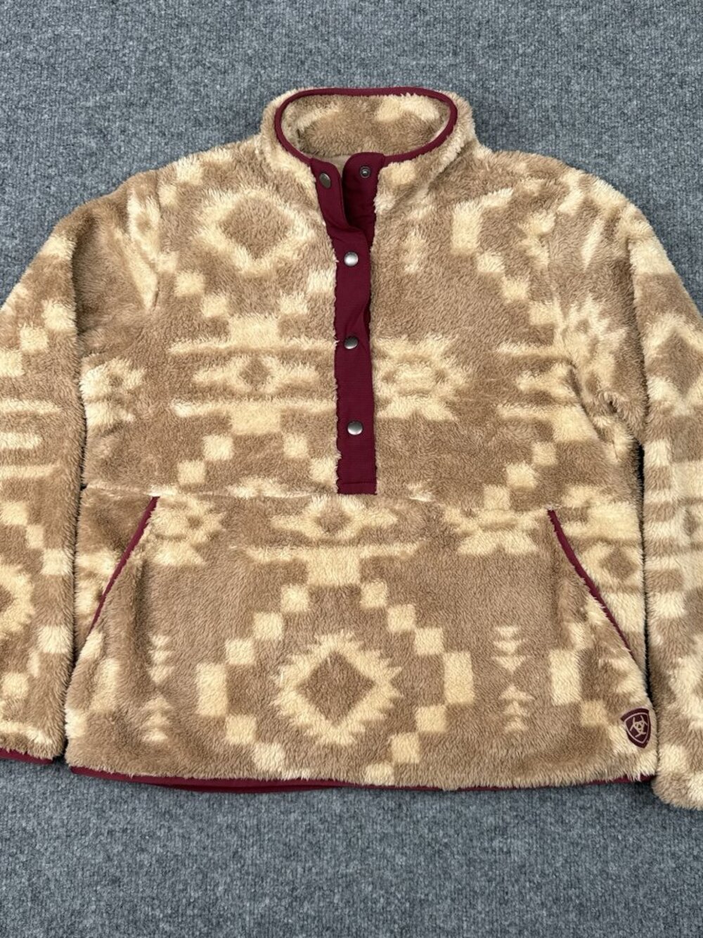 Ariat Berber Fleece Snap Pullover Women's L Aztec Tan Burgundy